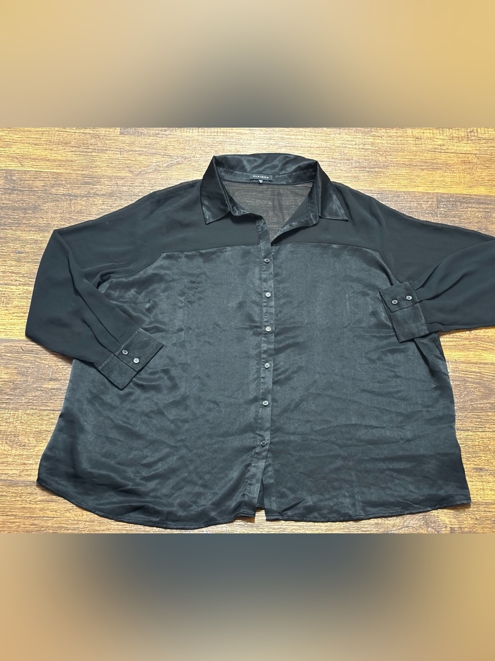 Pleione Black Satin-Front Button Blouse